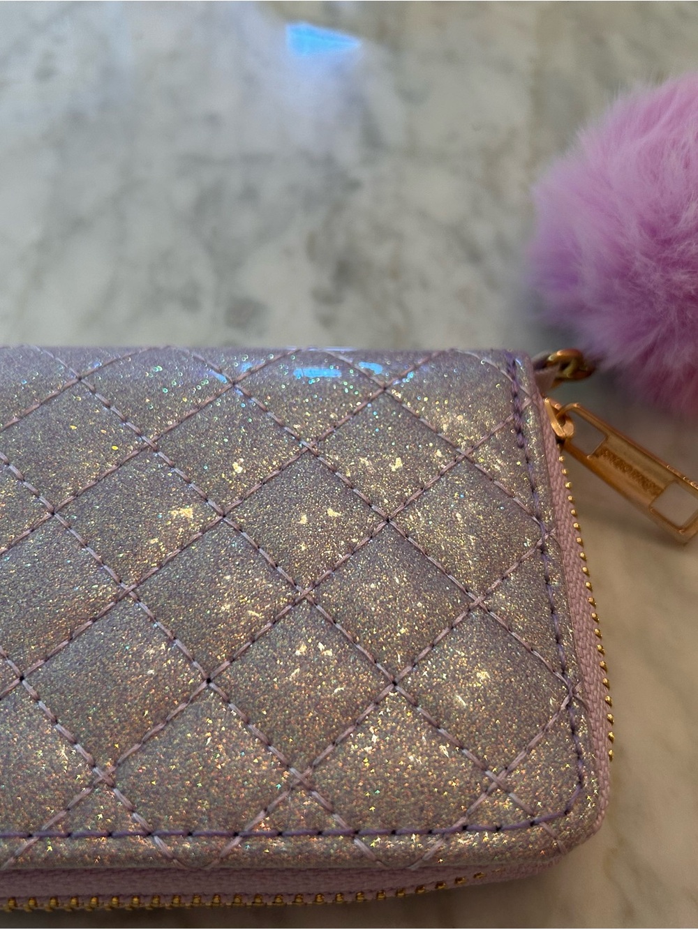 Lilac Quilted Card Wallet with Pom Pom Charm